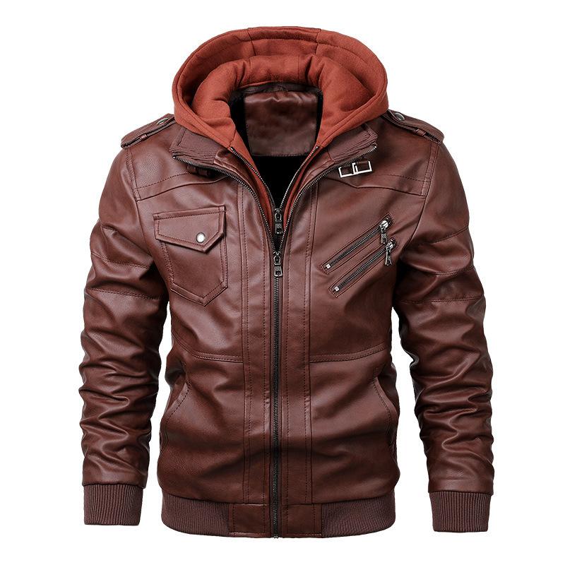 Autumn and winter new men's hooded leather jacket