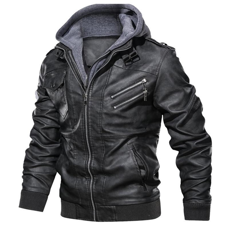 Autumn and winter new men's hooded leather jacket