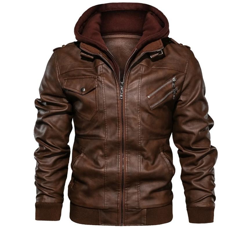 Autumn and winter new men's hooded leather jacket