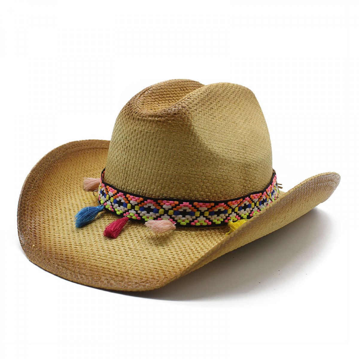 Ethnic Straw Stripe Trim Rolled Jazz Hat