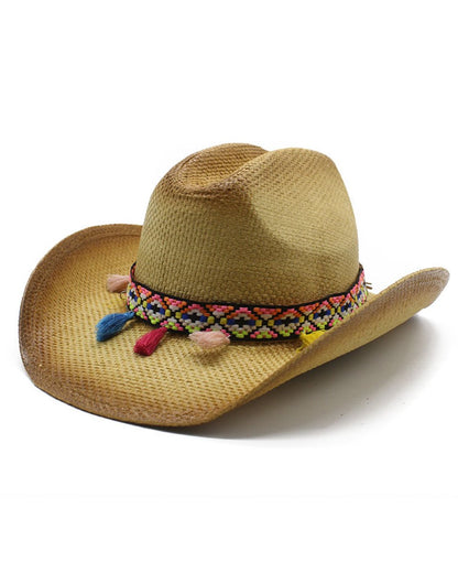 Ethnic Straw Stripe Trim Rolled Jazz Hat