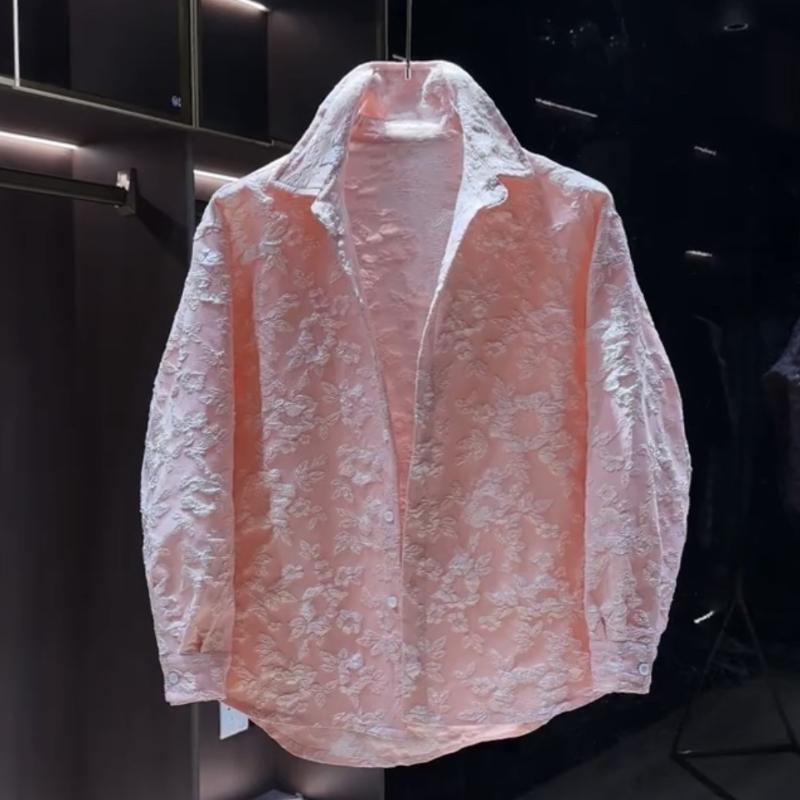 Embossed Bronzing Floral Textured Lapel Shirt