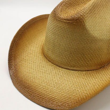 Ethnic Straw Stripe Trim Rolled Jazz Hat